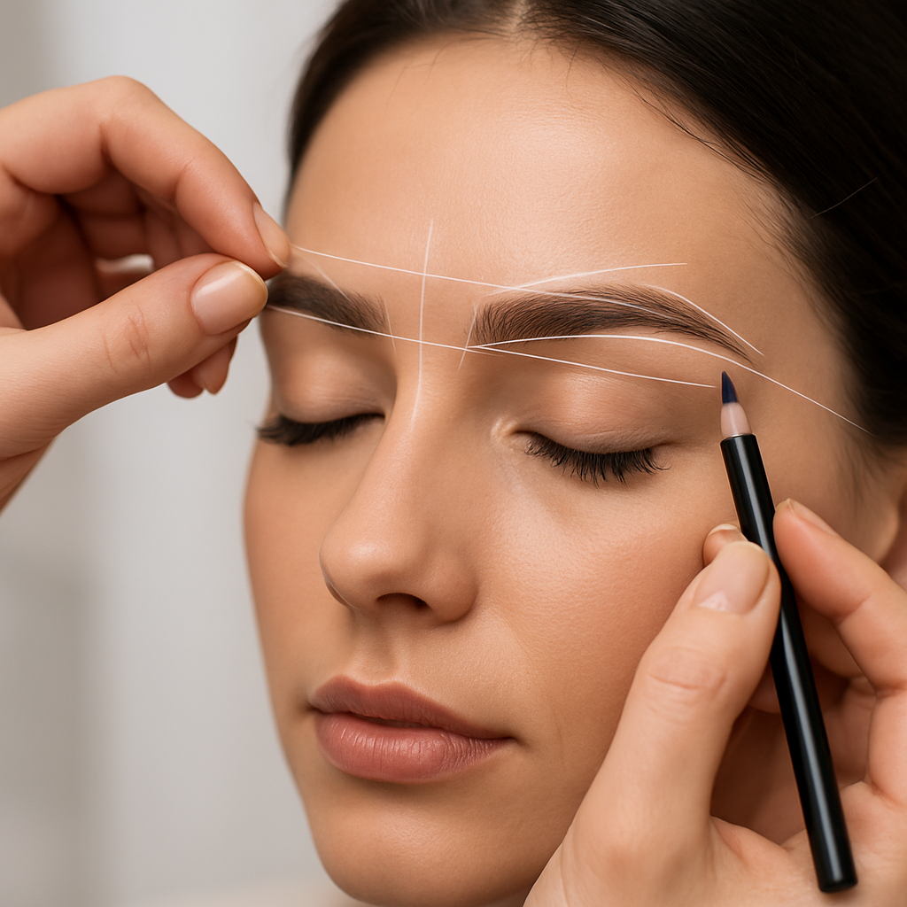 Brow artist mapping a custom brow shape before the procedure