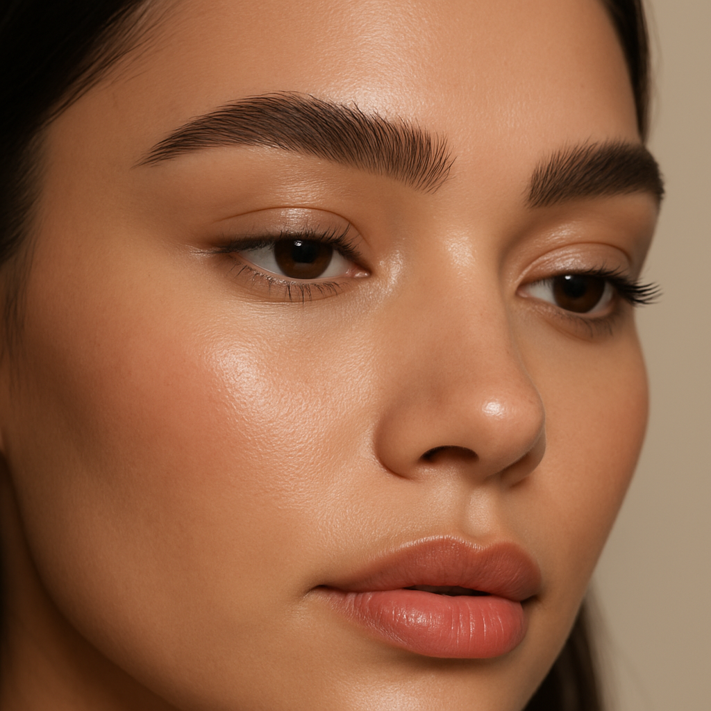 Natural fluffy nano brow strokes blending with real brow hair